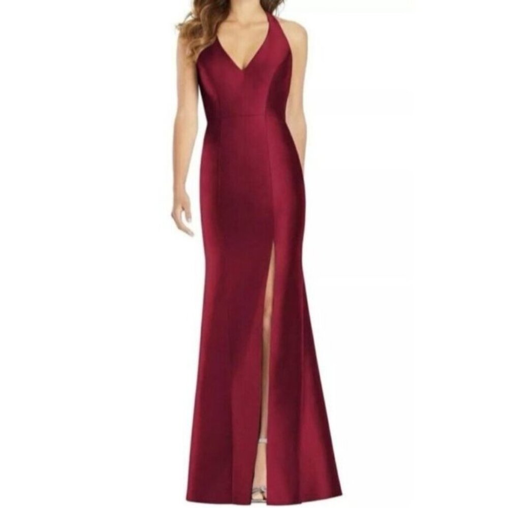 NEW Alfred Sung V-Neck Satin Trumpet Gown with Side Slit, Burgundy #D761 - Picture 2 of 14